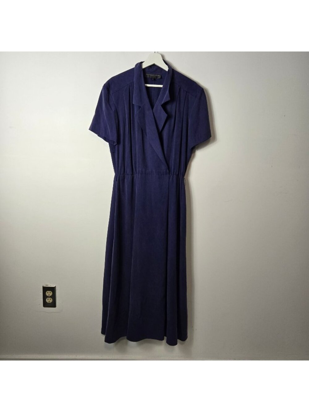 VTG August Silk Purple Midi Dress Faux Wrap Notched Collar Size 12 100% Silk